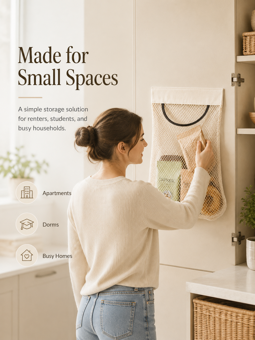 🧺 No-Drill Hanging Mesh Organizer – Self-Adhesive Space-Saving Storage Pouch