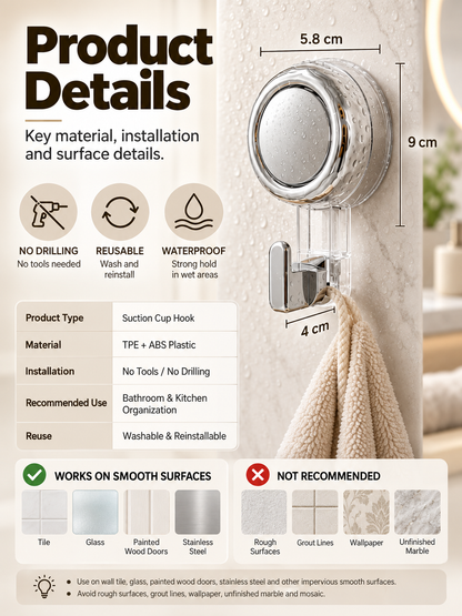 Suction Cup Hooks for Shower | Waterproof No Drill Wall Hooks