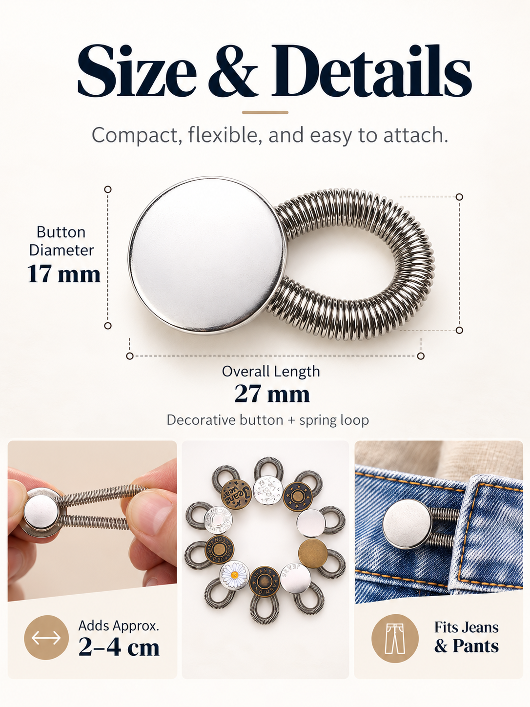 👖 Stretch Waistband Extender – No-Sew Flexible Button for Jeans & Pants
