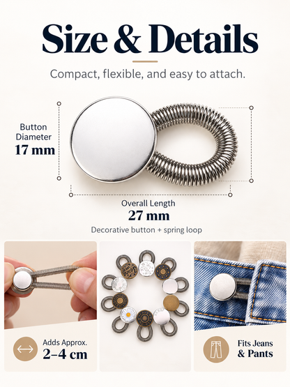 👖 Stretch Waistband Extender – No-Sew Flexible Button for Jeans & Pants