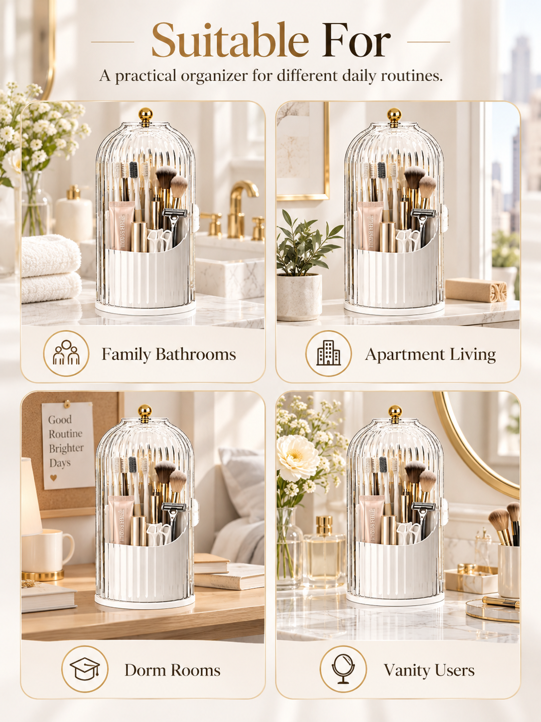 💄 360° Rotating Makeup Brush Organizer – Dustproof Covered Cosmetic Storage Holder
