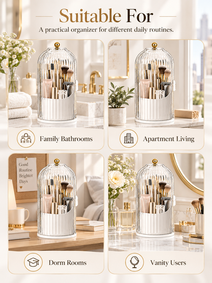 💄 360° Rotating Makeup Brush Organizer – Dustproof Covered Cosmetic Storage Holder