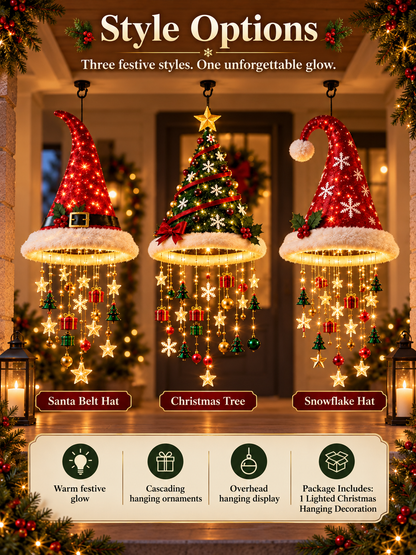 🎄 Lighted Christmas Hanging Chandelier – Tree & Santa Hat Holiday Décor