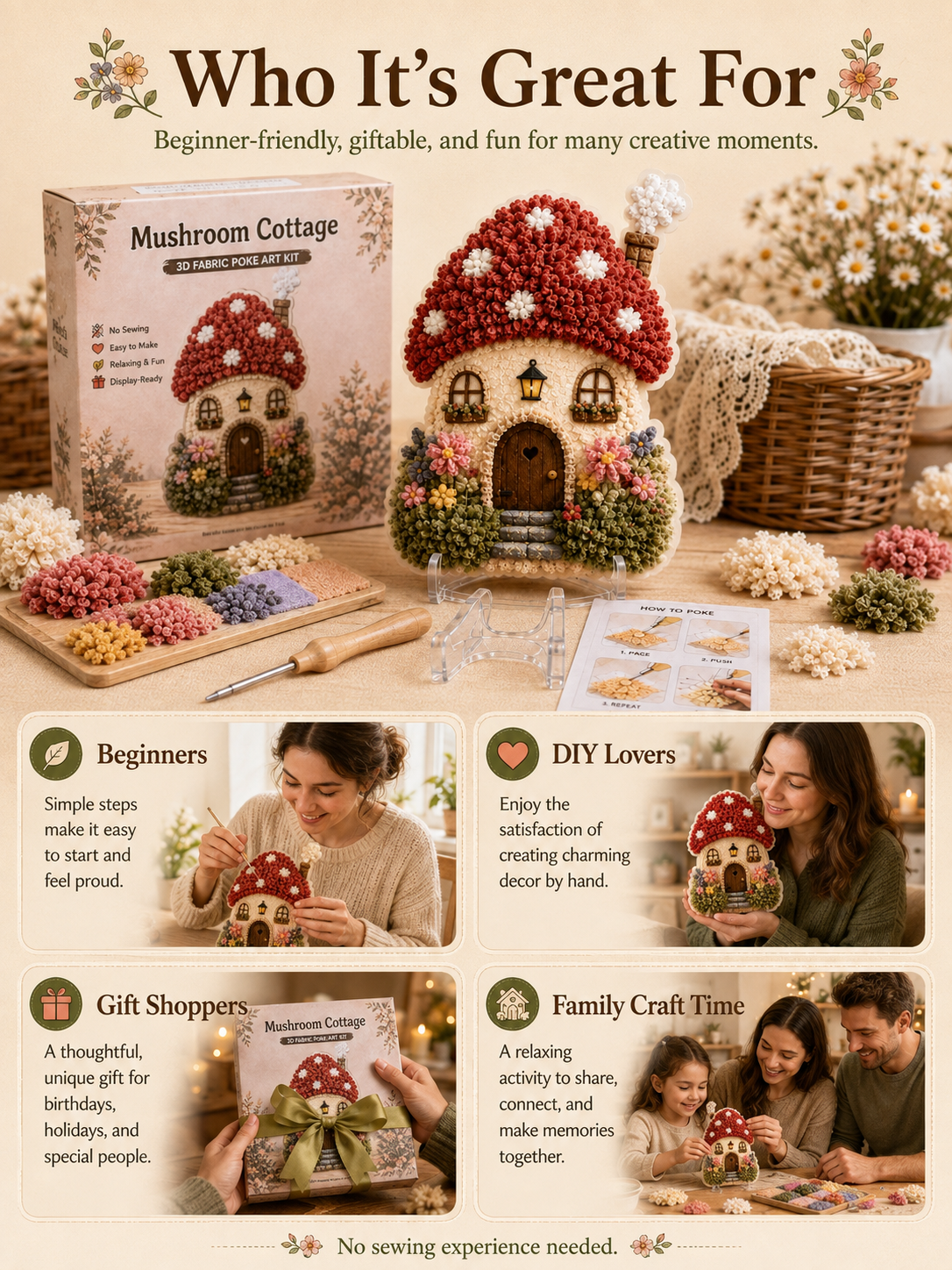 🔥Last Day 48% OFF - ✨🧘Relaxing & Beginner-Friendly-✨Whimsical Village 3D Fabric Poke Art Kit