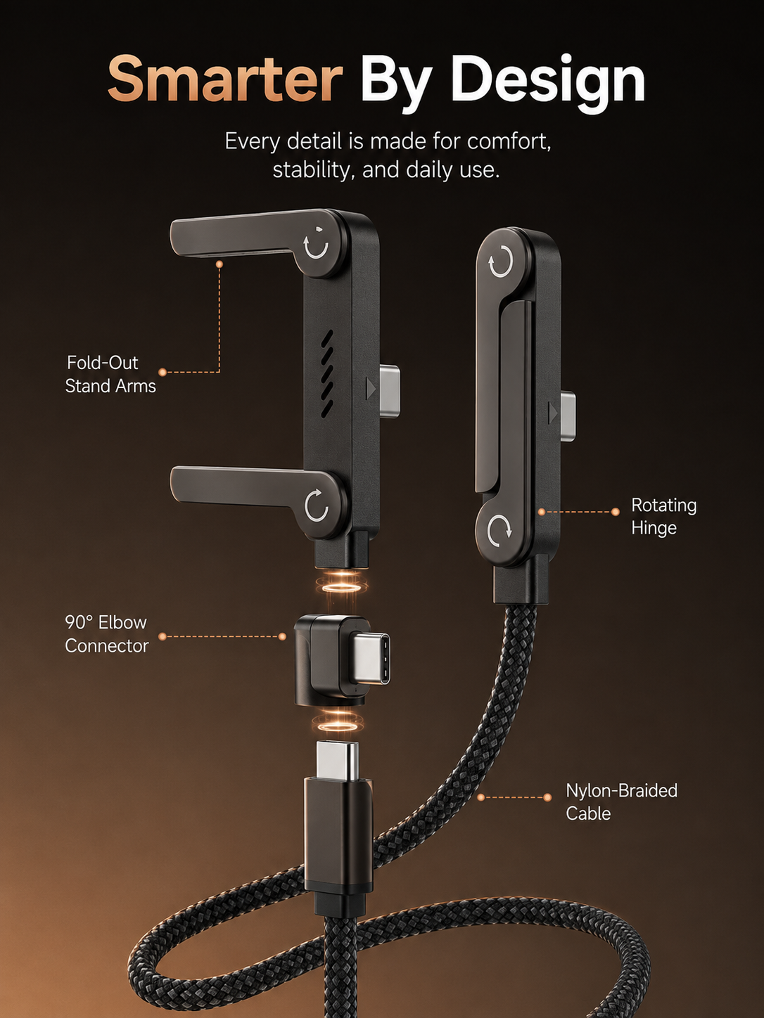⚡ 240W USB-C Charging Cable with Phone Stand – 90° Multi-Angle Design