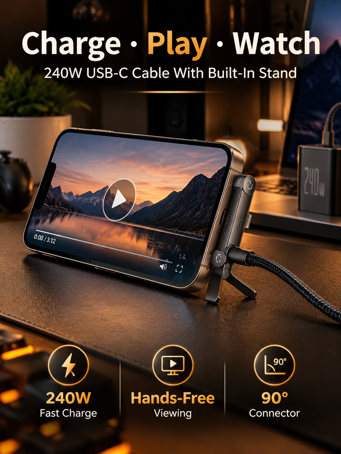 ⚡ 240W USB-C Charging Cable with Phone Stand – 90° Multi-Angle Design