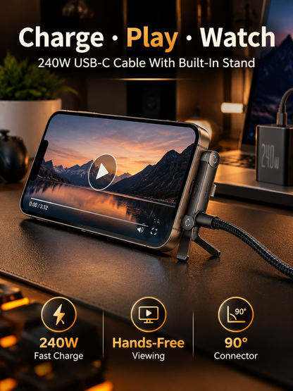 ⚡ 240W USB-C Charging Cable with Phone Stand – 90° Multi-Angle Design
