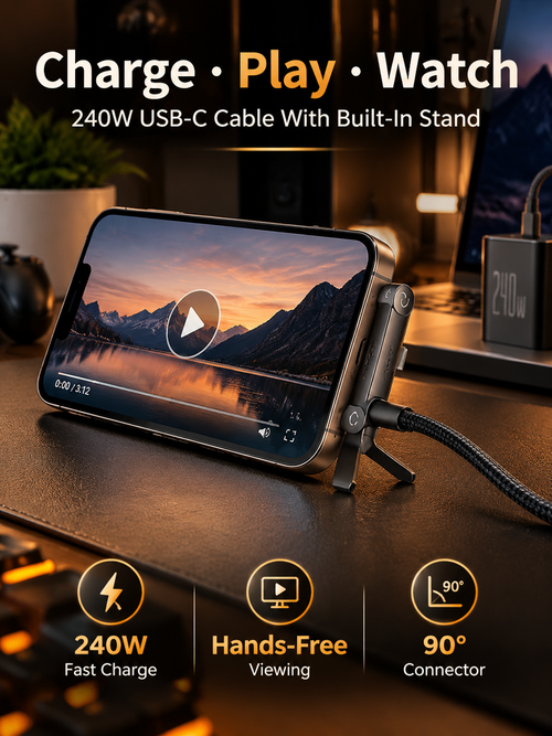⚡ 240W USB-C Charging Cable with Phone Stand – 90° Multi-Angle Design