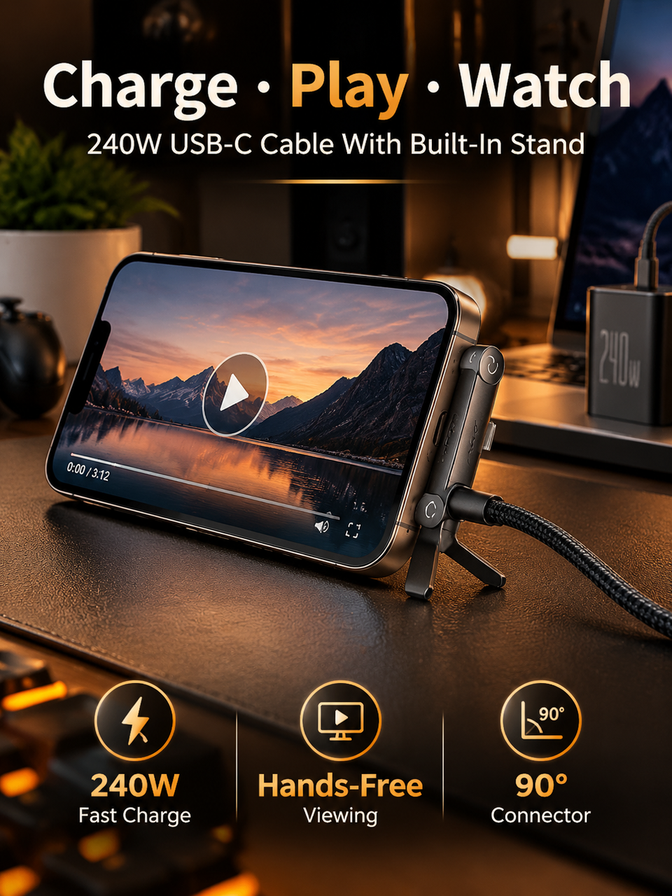 ⚡ 240W USB-C Charging Cable with Phone Stand – 90° Multi-Angle Design