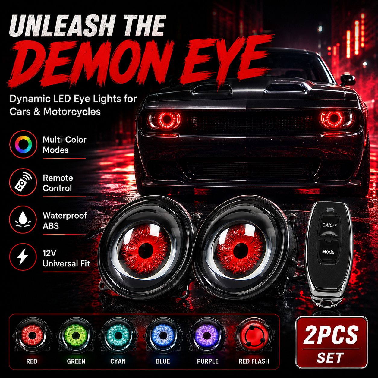 🔥 Dynamic Demon Eye LED Projector Lights – RGB Car Headlight Upgrade for Cars & Motorcycles