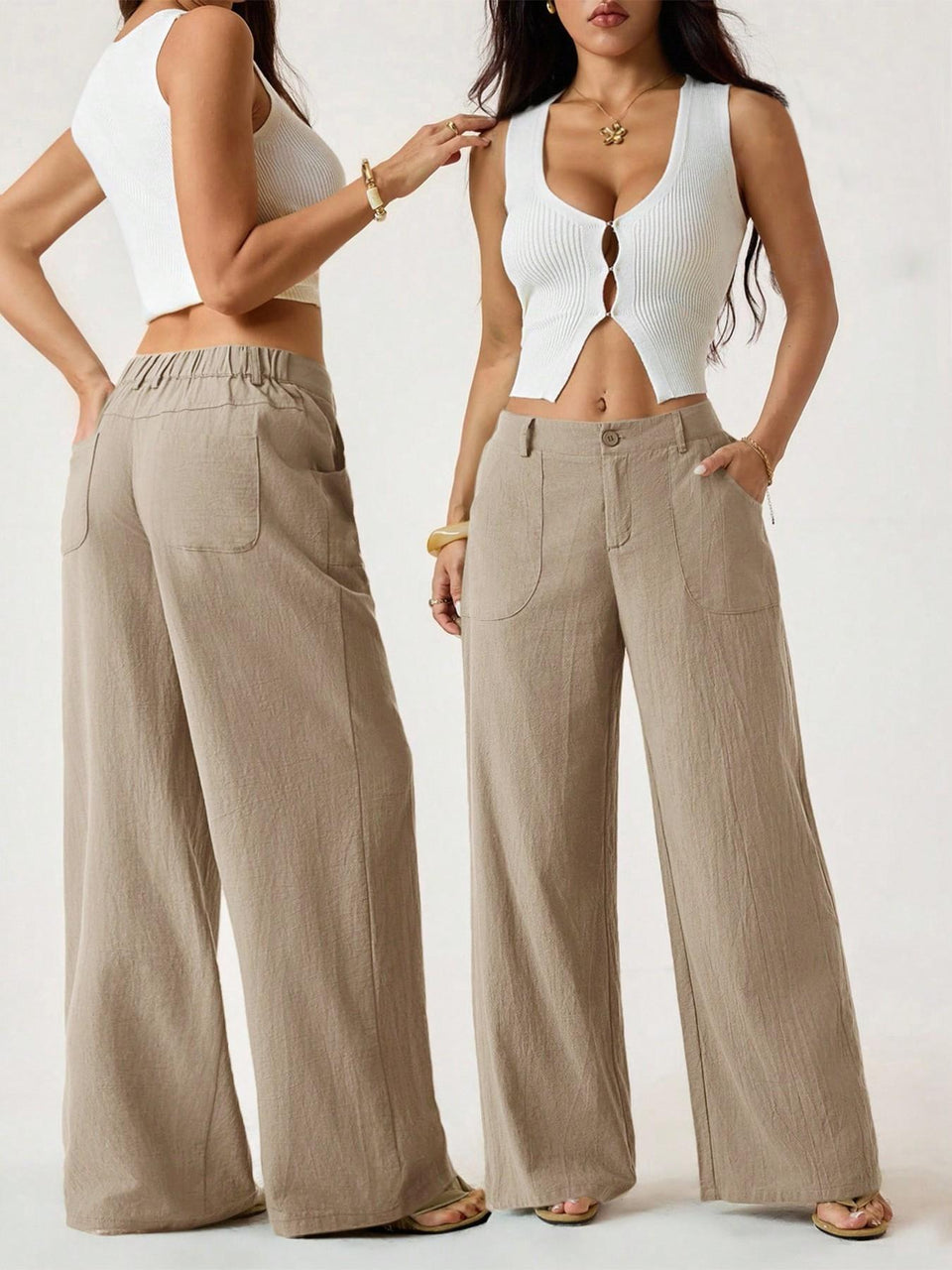 Women's Classical Linen Palazzo Pants Summer Flowy Wide Straight Leg Beach Trousers With Pocket Casual Solid Color Soft Elastic High Waist Lounge Pants