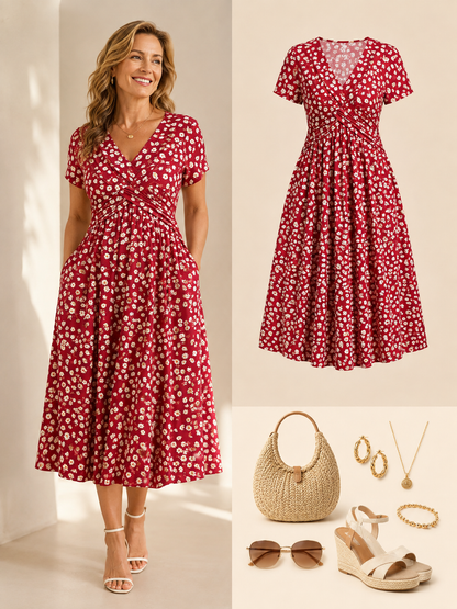 🥳2026 HOT SALE ✨Women's V-Neck Floral Print Dress with Twist Waist