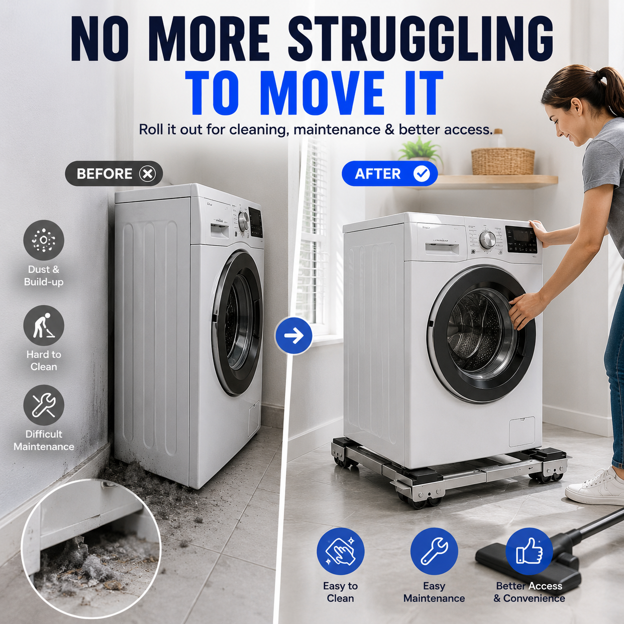 Adjustable Telescopic Heavy Duty Metal Frame Appliance Moving Dolly 2-Pack, Lockable Wheels Roller Stand for Washer Dryer, Low Profile 4cm Height, Heavy Load Fit for 44.6-70cm Appliances