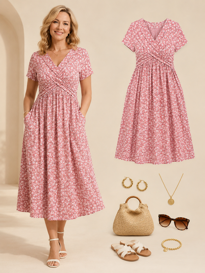 🥳2026 HOT SALE ✨Women's V-Neck Floral Print Dress with Twist Waist
