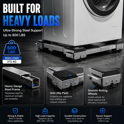 Adjustable Telescopic Heavy Duty Metal Frame Appliance Moving Dolly 2-Pack, Lockable Wheels Roller Stand for Washer Dryer, Low Profile 4cm Height, Heavy Load Fit for 44.6-70cm Appliances