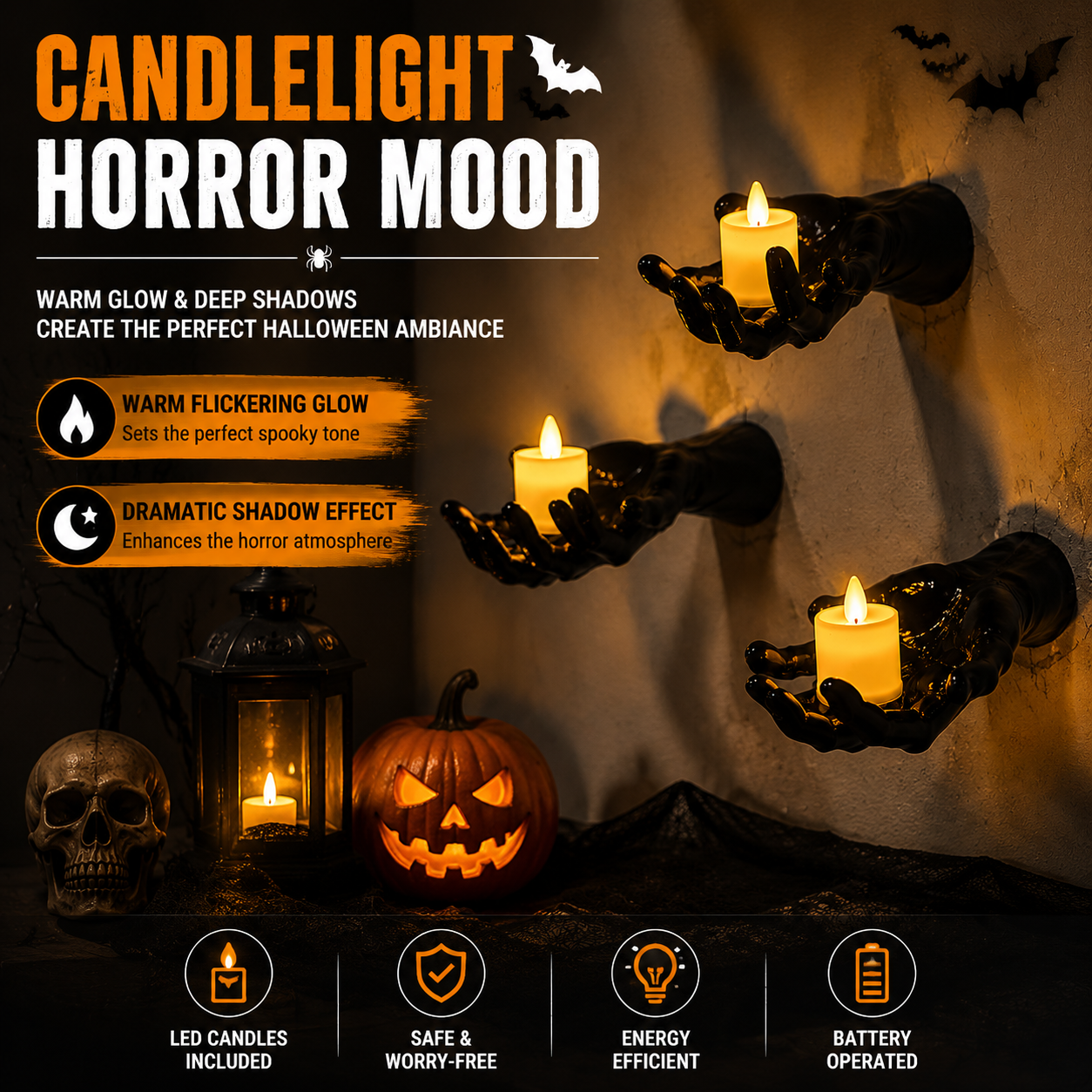 👻 Ghost Hand LED Candle Holder Set – 3-Piece Gothic Halloween Wall Decor