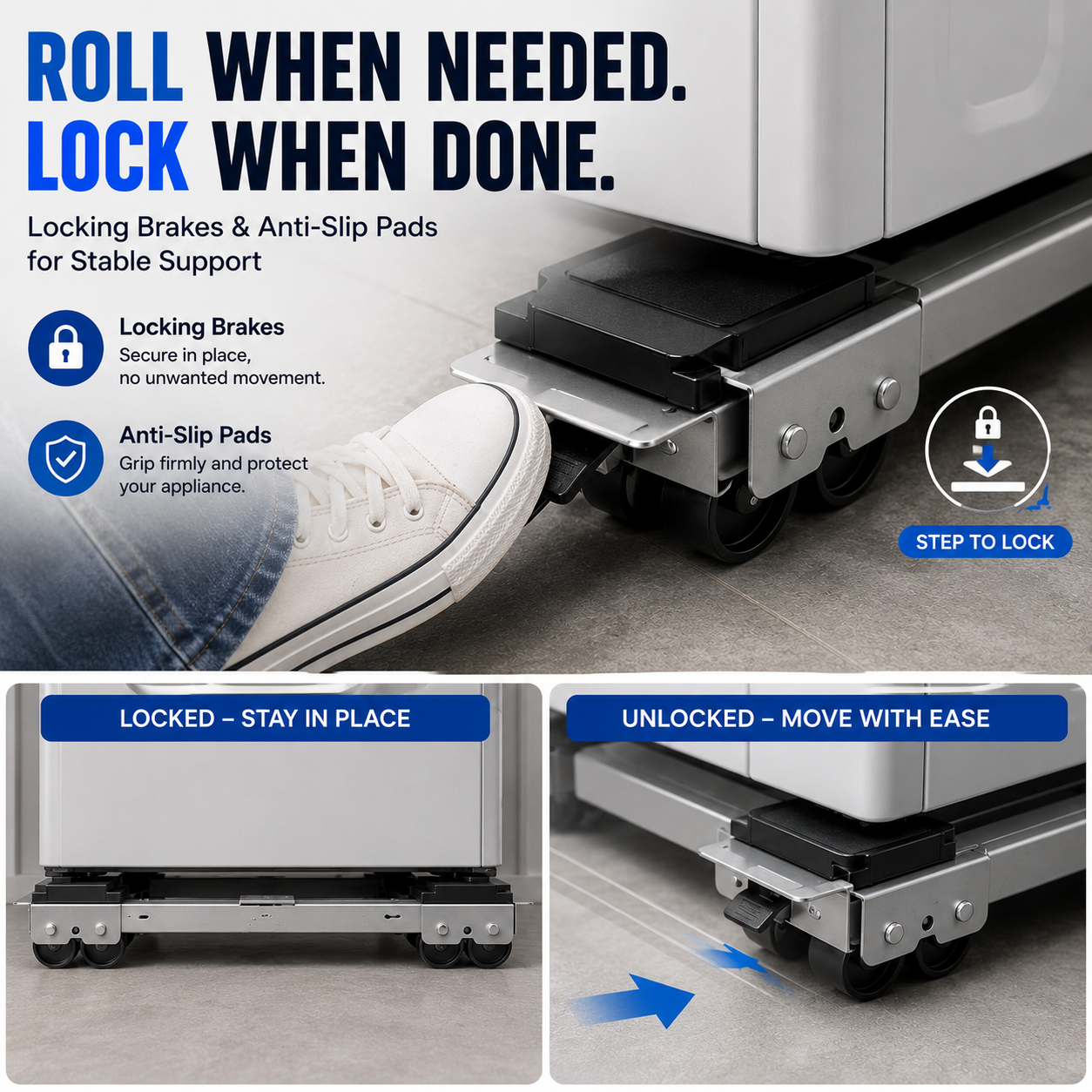 Adjustable Telescopic Heavy Duty Metal Frame Appliance Moving Dolly 2-Pack, Lockable Wheels Roller Stand for Washer Dryer, Low Profile 4cm Height, Heavy Load Fit for 44.6-70cm Appliances