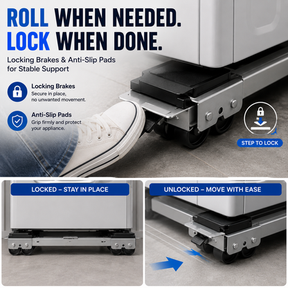 Adjustable Telescopic Heavy Duty Metal Frame Appliance Moving Dolly 2-Pack, Lockable Wheels Roller Stand for Washer Dryer, Low Profile 4cm Height, Heavy Load Fit for 44.6-70cm Appliances