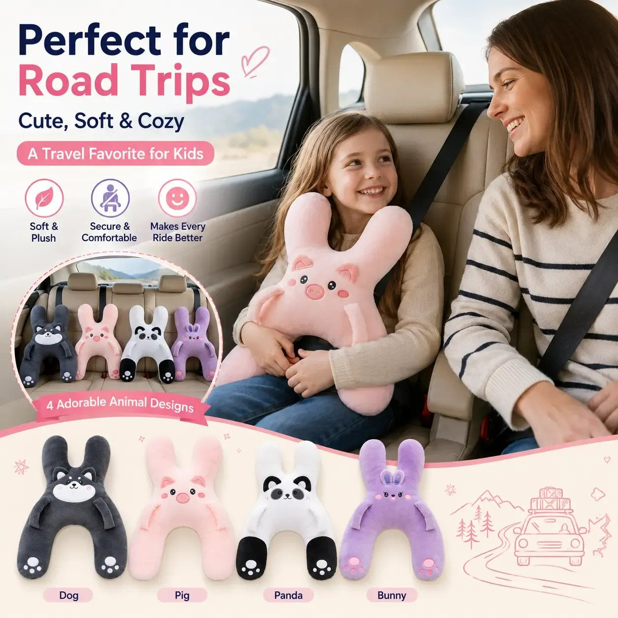 🐷 Cozy Car Neck Pillow for Kids 💖