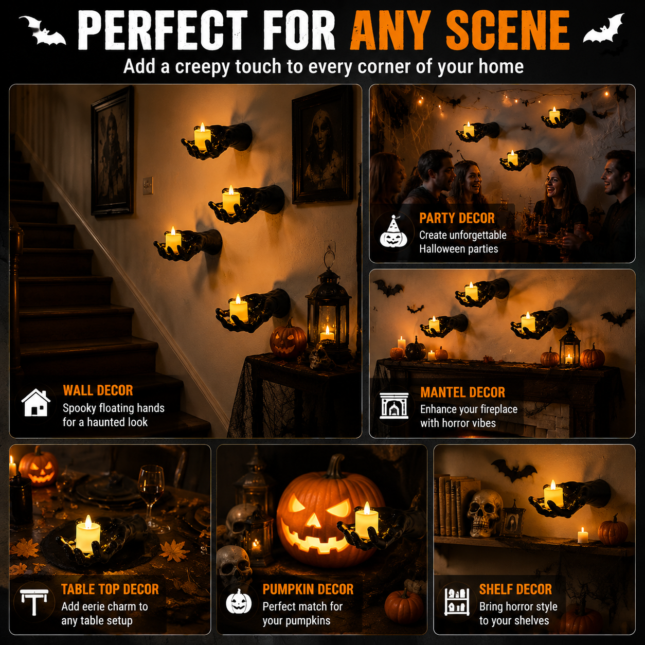 👻 Ghost Hand LED Candle Holder Set – 3-Piece Gothic Halloween Wall Decor