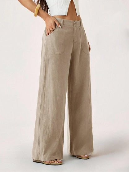 Women's Classical Linen Palazzo Pants Summer Flowy Wide Straight Leg Beach Trousers With Pocket Casual Solid Color Soft Elastic High Waist Lounge Pants