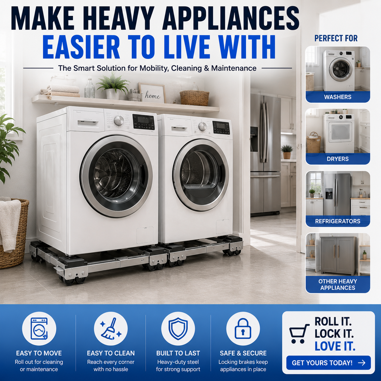 Adjustable Telescopic Heavy Duty Metal Frame Appliance Moving Dolly 2-Pack, Lockable Wheels Roller Stand for Washer Dryer, Low Profile 4cm Height, Heavy Load Fit for 44.6-70cm Appliances