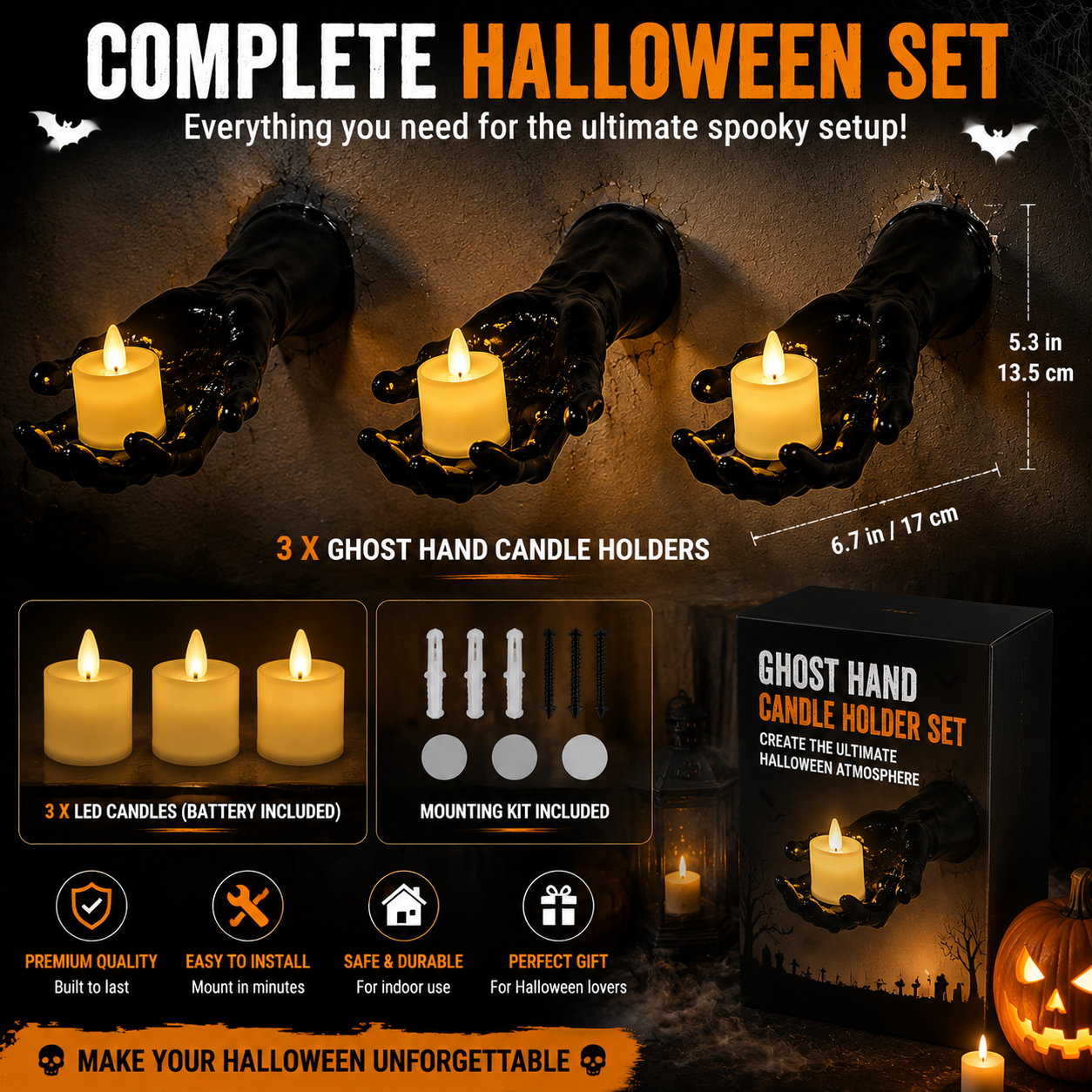 👻 Ghost Hand LED Candle Holder Set – 3-Piece Gothic Halloween Wall Decor