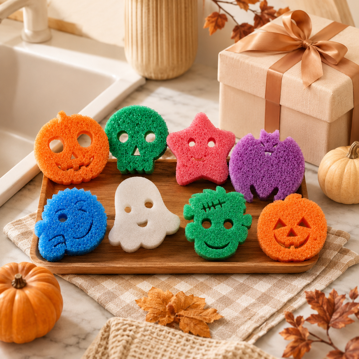 Eight colorful Halloween character cleaning sponges