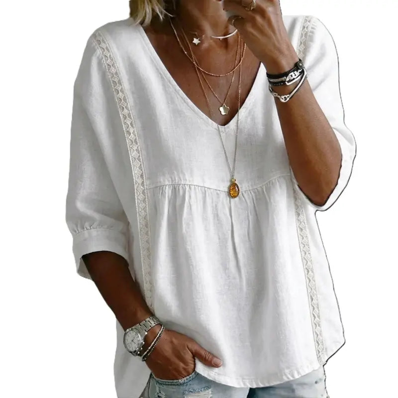 🌸 Bohemian Lace V-Neck Blouse – Puff Sleeves & Side Cut-Outs ✨
