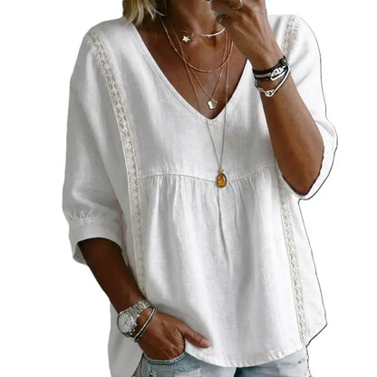 🌸 Bohemian Lace V-Neck Blouse – Puff Sleeves & Side Cut-Outs ✨