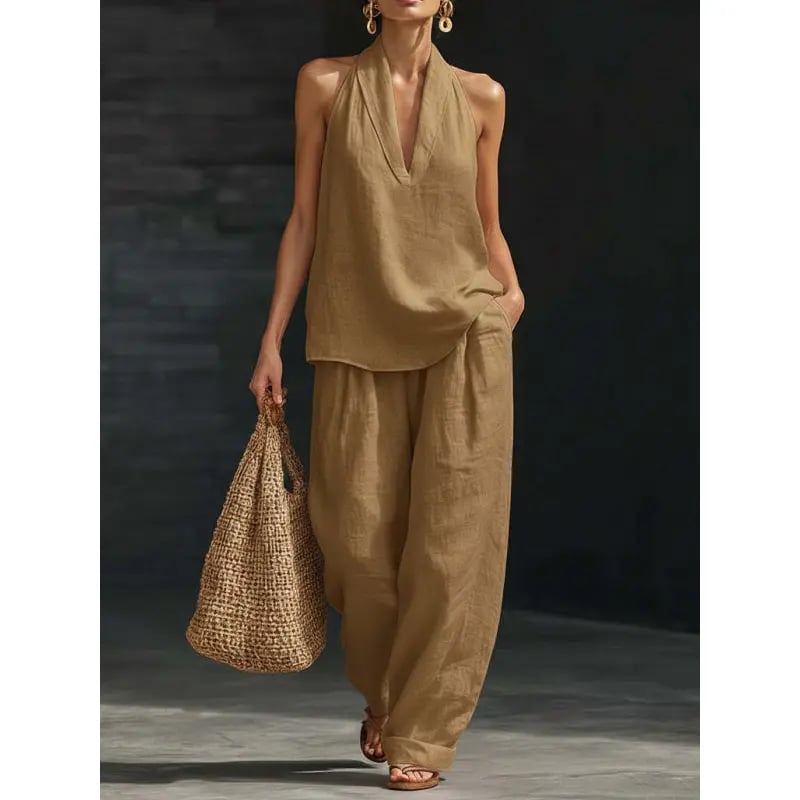Halter Neck Sleeveless Top & Wide Leg Pants 2-Piece Set