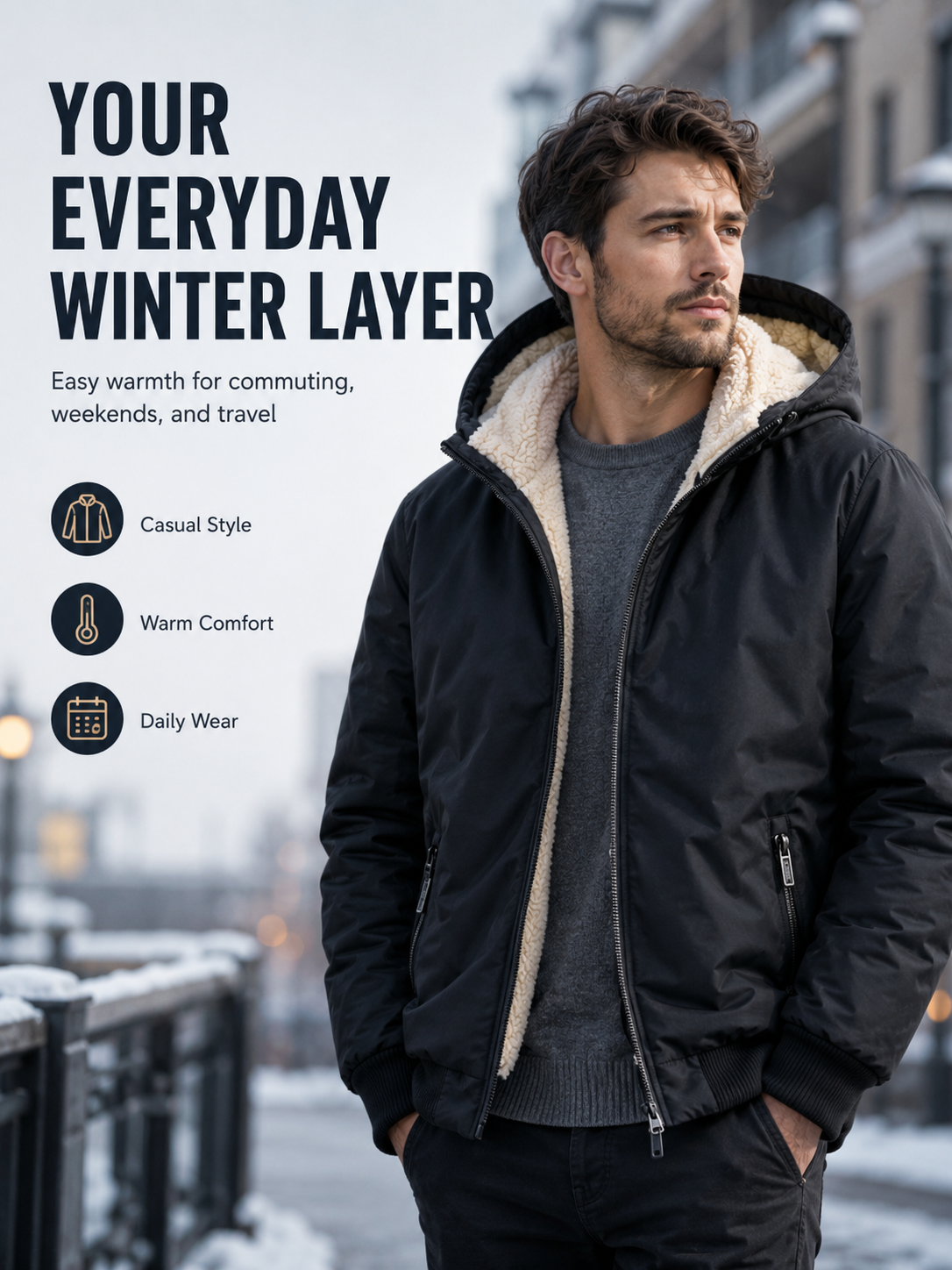 🧥 Men's Wool-Lined Hooded Winter Jacket with Zipper Pockets ❄️