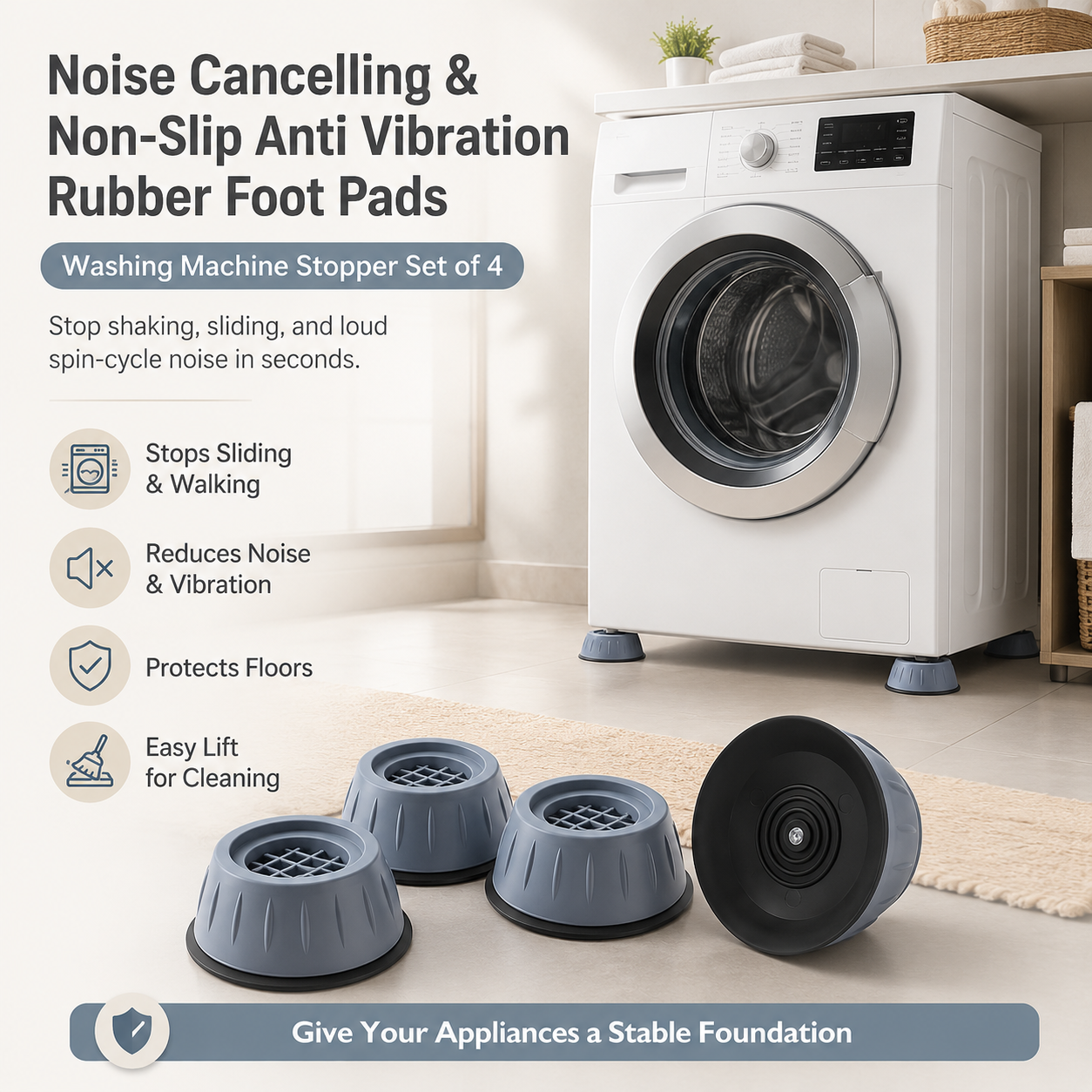 Noise Cancelling & Non-Slip Anti Vibration Rubber Foot Pads Washing Machine Stopper Set of 4