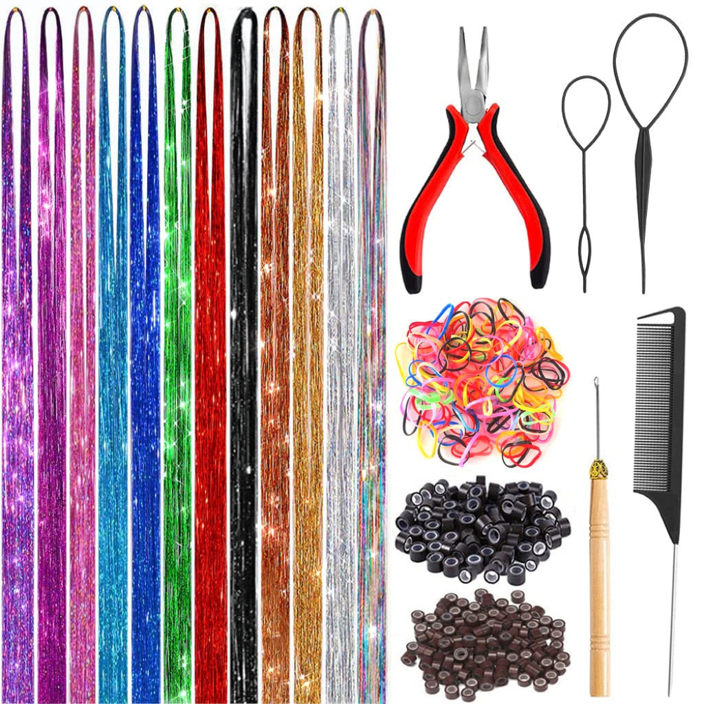 ✨Colorful Heat-Resistant Hair Tinsel Kit with Tools 48 Inches Glitter Tinsel Extensions