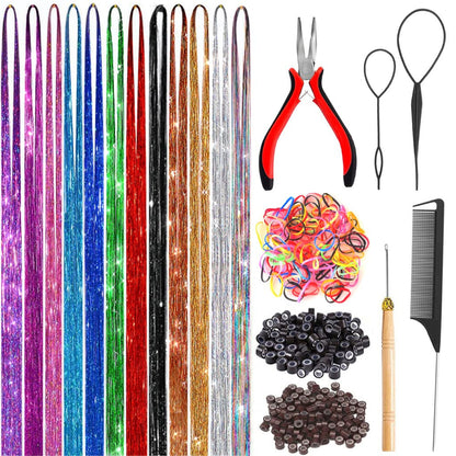 ✨Colorful Heat-Resistant Hair Tinsel Kit with Tools 48 Inches Glitter Tinsel Extensions