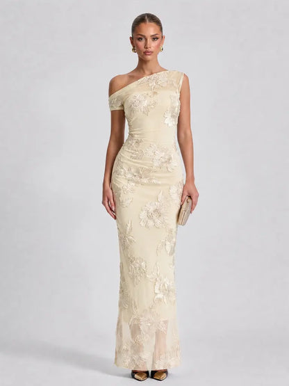 ✨2026 Women's Elegant Off-Shoulder Mesh Lace Midi Bodycon Dress with 3D Floral Applique