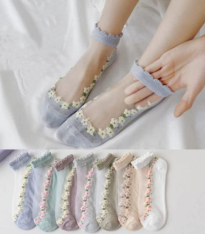 7 Pairs Womens Sheer Floral Mesh Ankle Socks