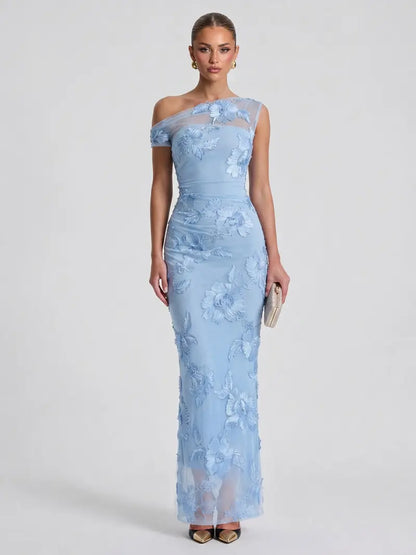 ✨2026 Women's Elegant Off-Shoulder Mesh Lace Midi Bodycon Dress with 3D Floral Applique