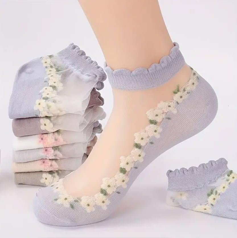 7 Pairs Womens Sheer Floral Mesh Ankle Socks