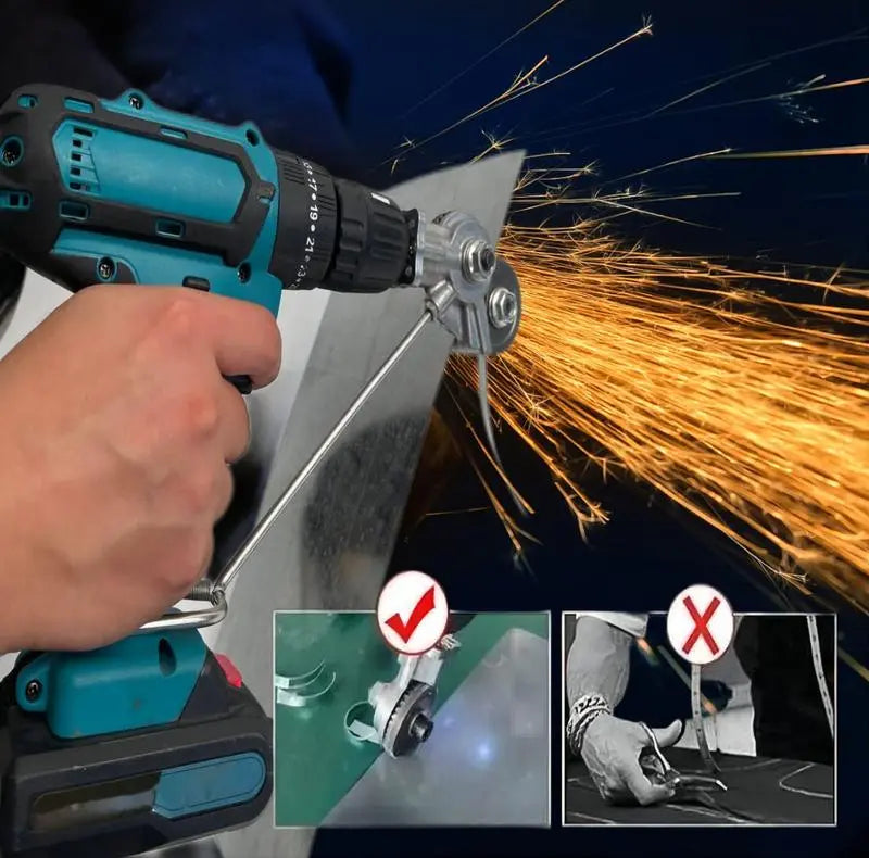Portable electric drill accessory for cutting thin metal sheets