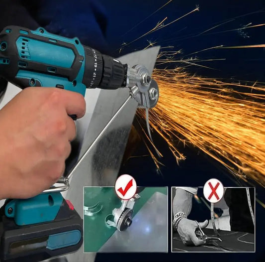 Portable electric drill accessory for cutting thin metal sheets