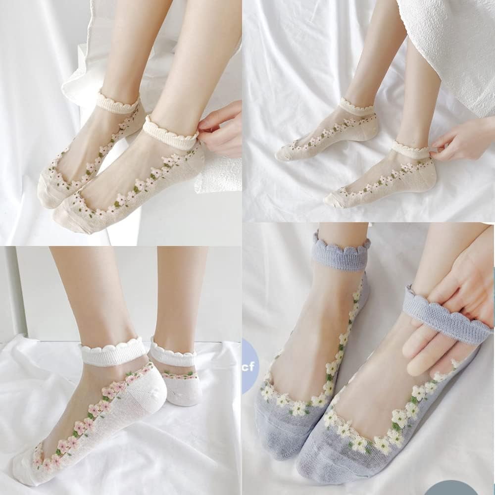 7 Pairs Womens Sheer Floral Mesh Ankle Socks