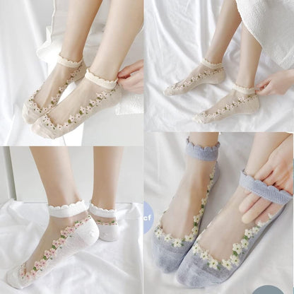 7 Pairs Womens Sheer Floral Mesh Ankle Socks