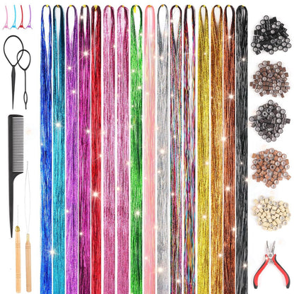 ✨Colorful Heat-Resistant Hair Tinsel Kit with Tools 48 Inches Glitter Tinsel Extensions