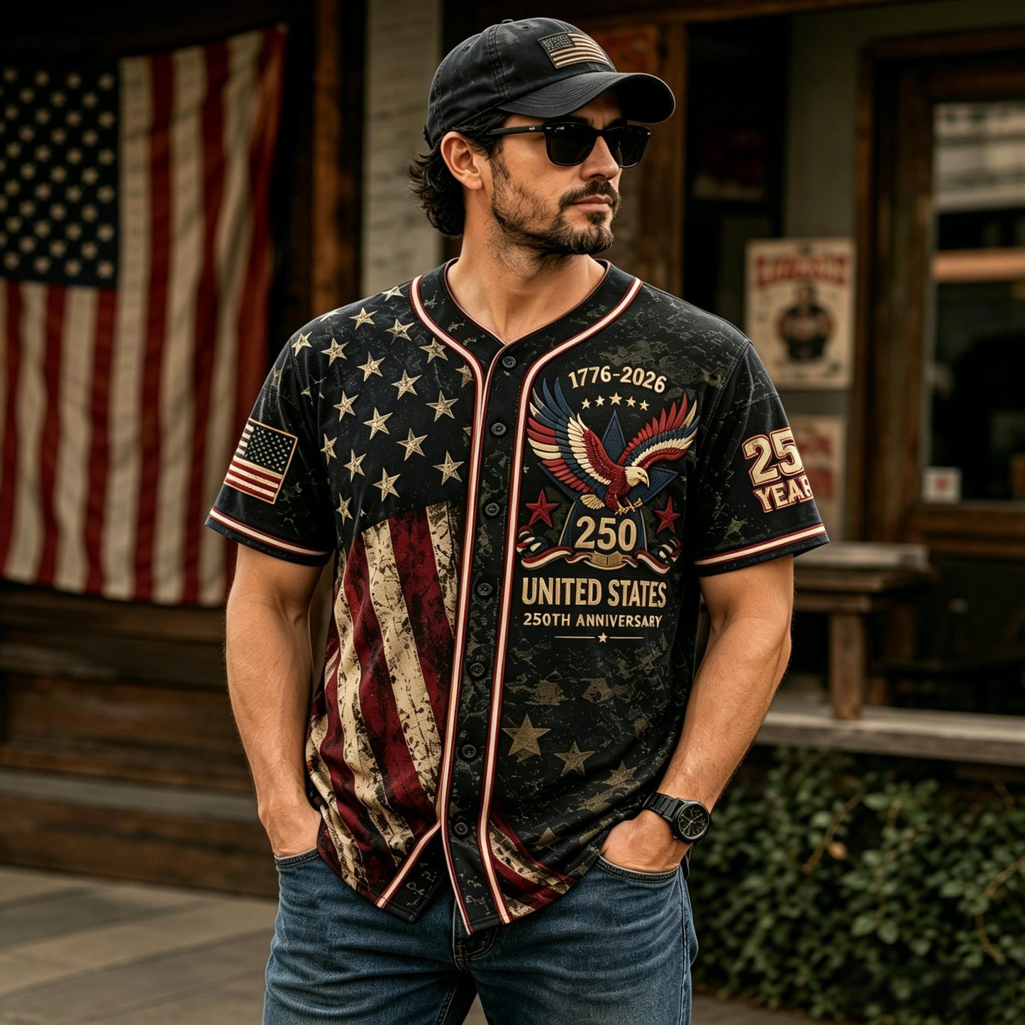 🦅⚾Men's USA 250th Anniversary Baseball Jersey Patriotic American Flag Eagle Button Down Shirt 1776-2026
