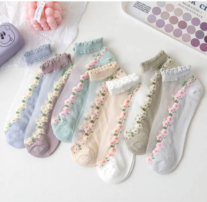 7 Pairs Womens Sheer Floral Mesh Ankle Socks