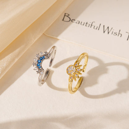 ✨ Celestial Sun & Moon Adjustable Ring Set – Sparkling Open-Fit Jewelry Gift