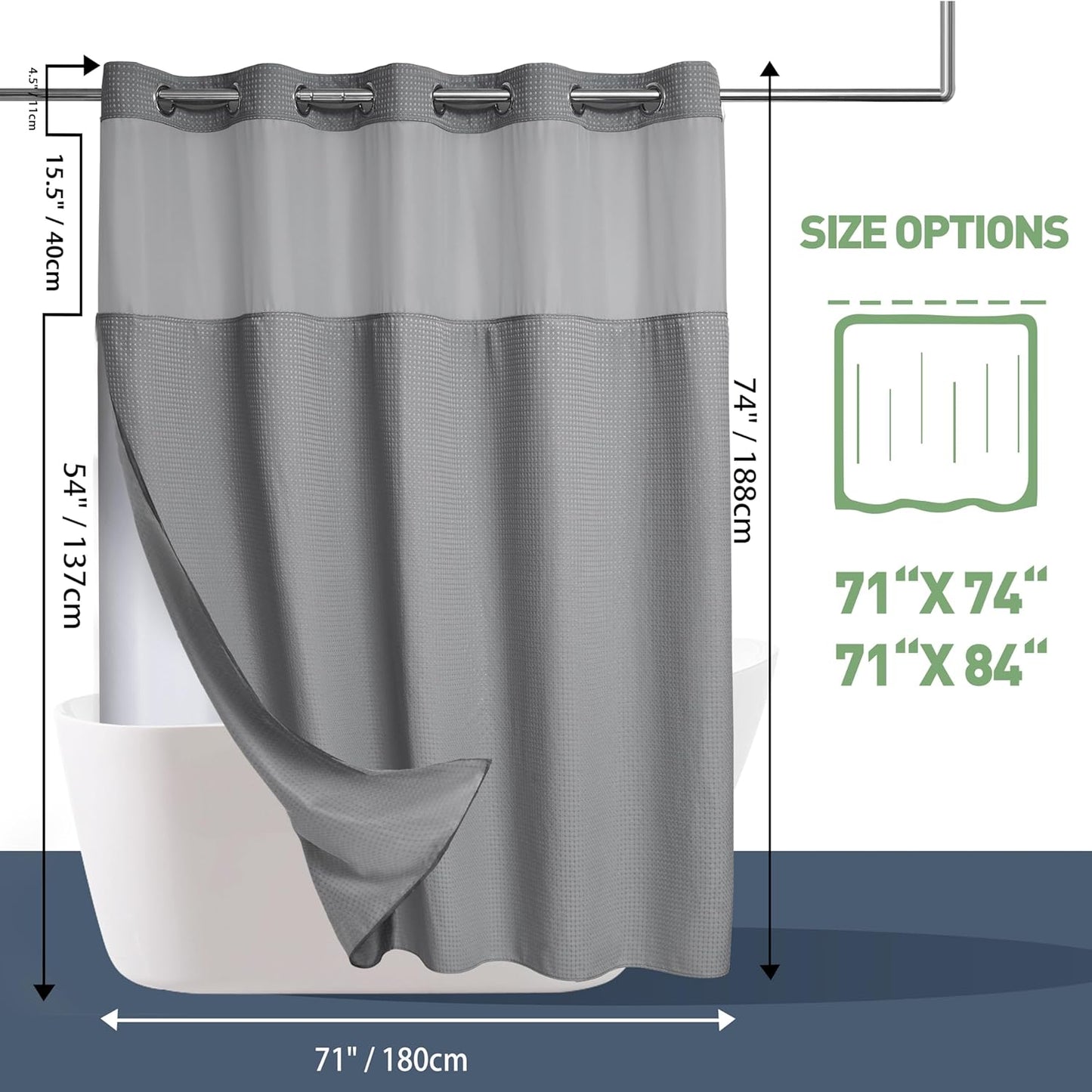 No Hook Shower Curtain with Snap in Liner