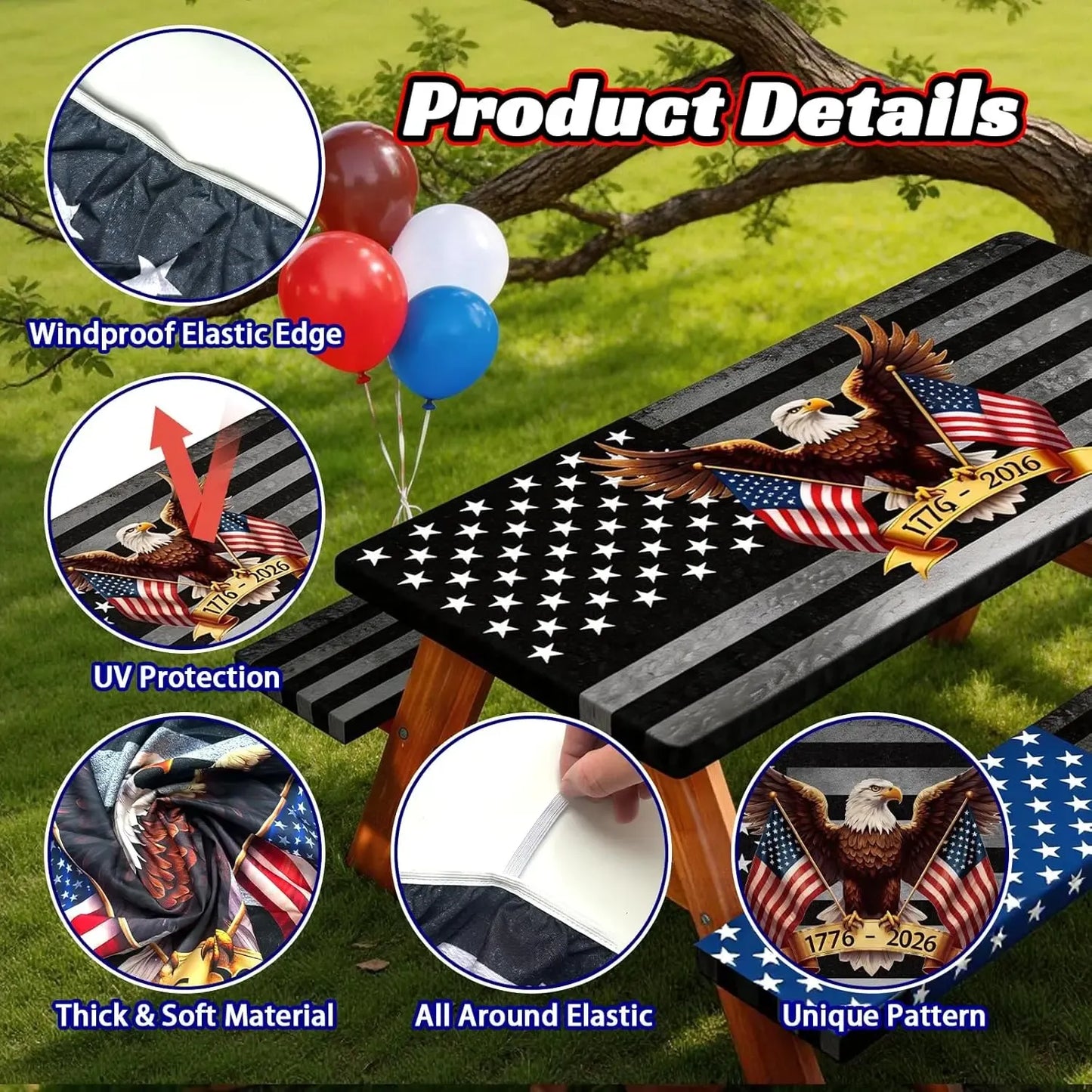 🎆250th Anniversary 6FT Picnic Table Cover with Bench Covers Set and Bag