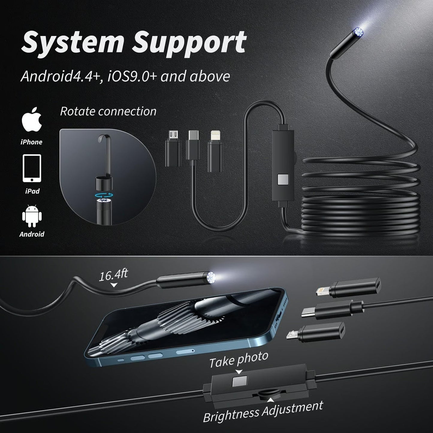 16.4ft HD Endoscope Camera for iPhone & Android